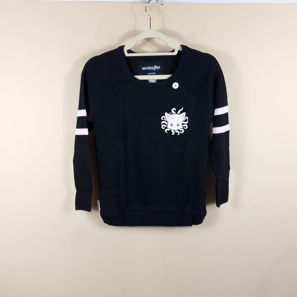 WeLoveFine Tencel Kitty Black and Pink Embroidered Long Sleeve Sweater Size S